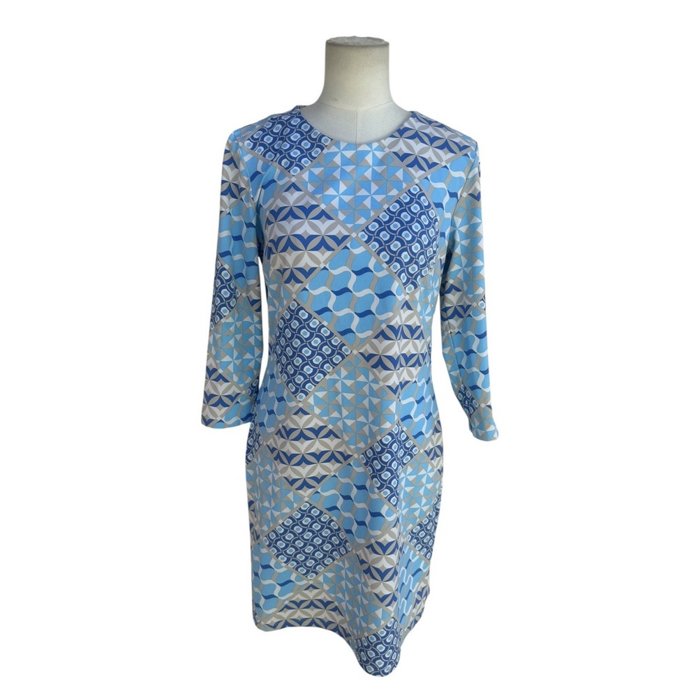 J McLaughlin Sophia Shift Dress Blue Silver Needlepoint Catalina 3/4 Sleeve M